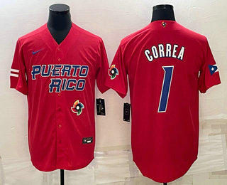 Mens Puerto Rico Baseball #1 Carlos Correa 2023 Red World Baseball Classic Stitched Jersey->2023 world baseball classic->MLB Jersey